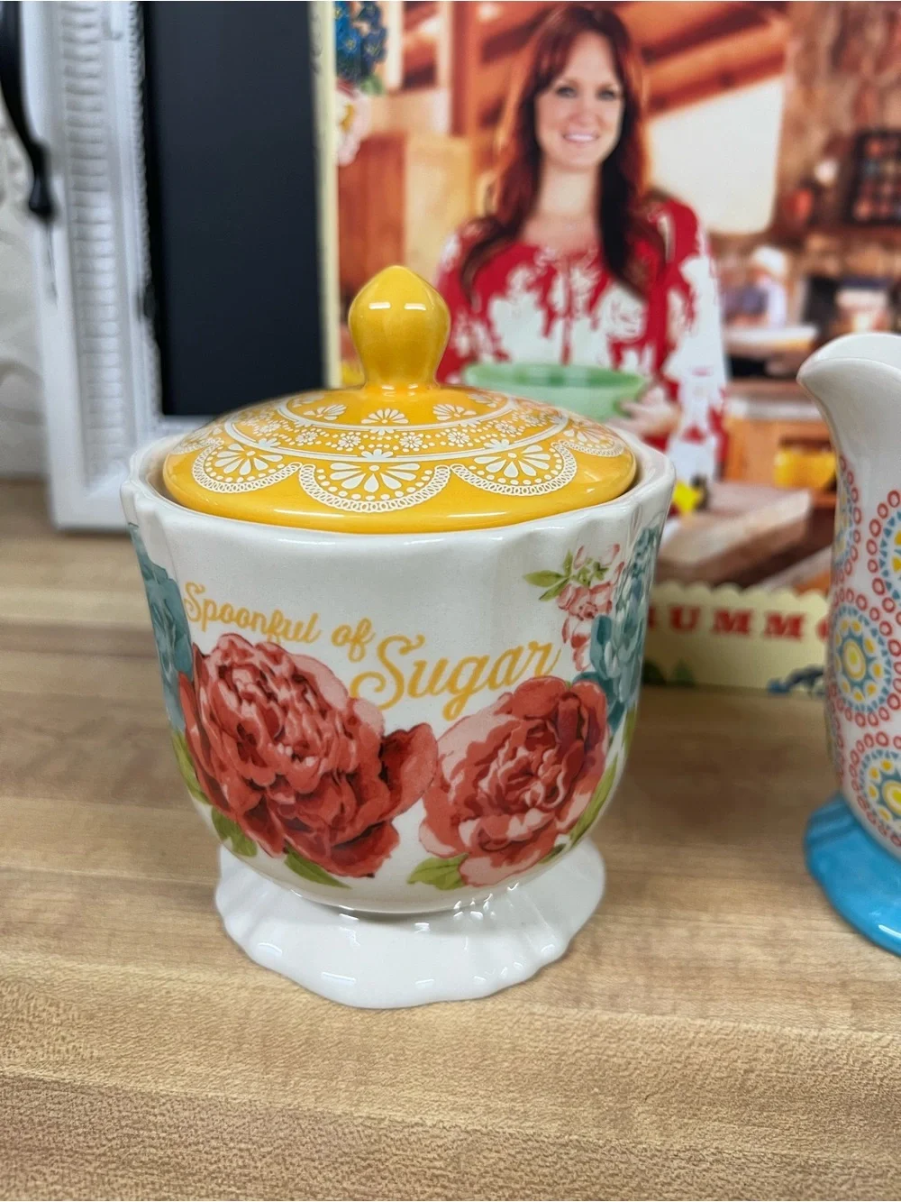 Pioneer Woman Cookbook with Floral Sugar Jar & Creamer Set - Yellow, Blue, Red